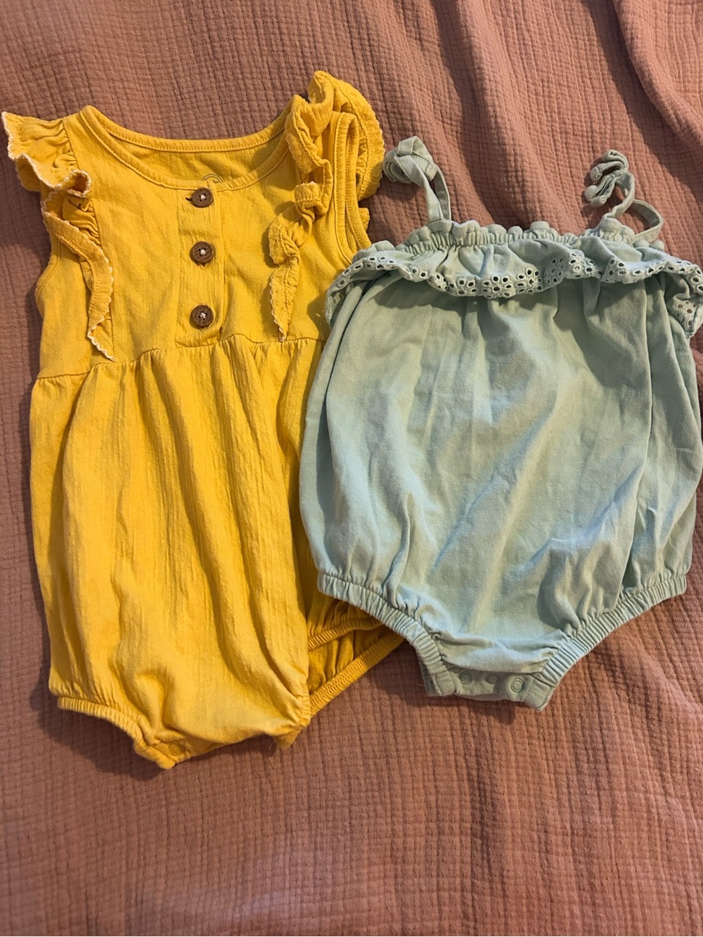 Yellow Ruffle Button Baby Romper & Light Blue Eyelet Bubble Romper